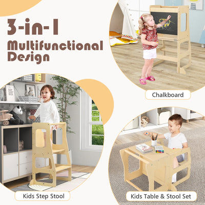 3-in-1 Foldable Kitchen Standing Tower for Toddlers with Chalkboard-Natural