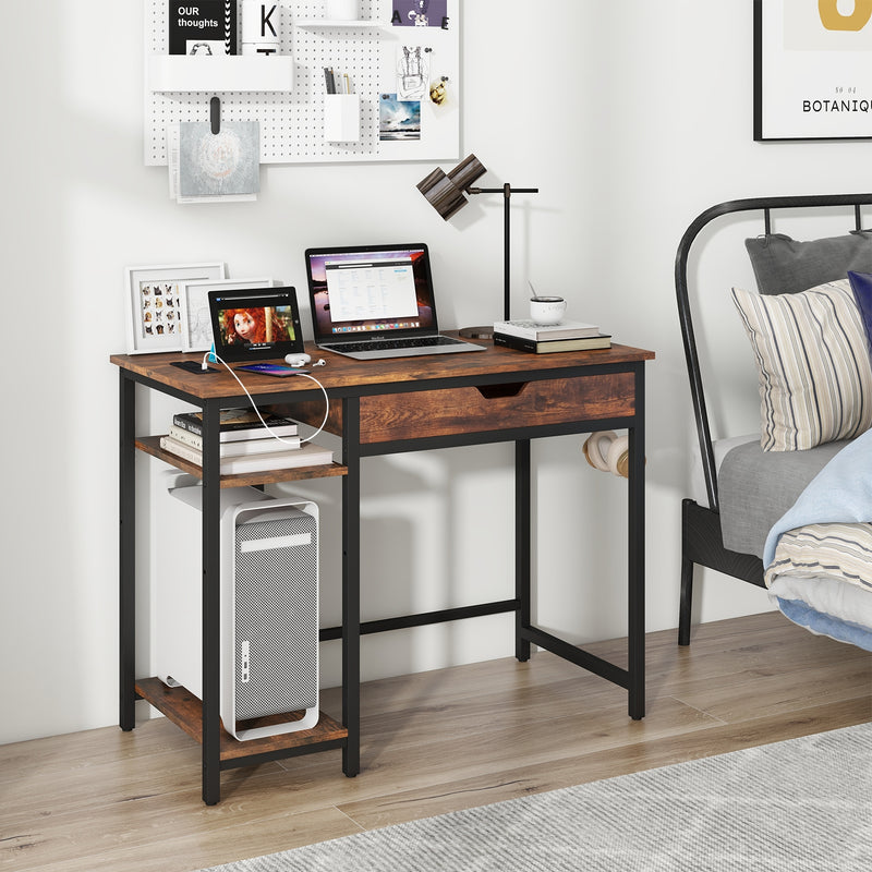 Computer Desk with Charging Station and Drawer & Adjustable Shelf-Rustic Brown