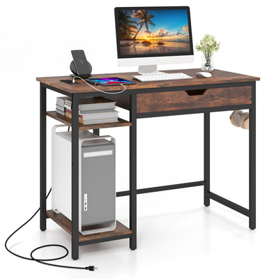 Computer Desk with Charging Station and Drawer & Adjustable Shelf-Rustic Brown