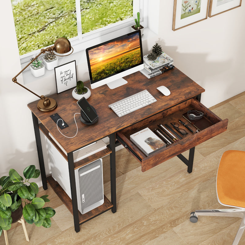 Computer Desk with Charging Station and Drawer & Adjustable Shelf-Rustic Brown