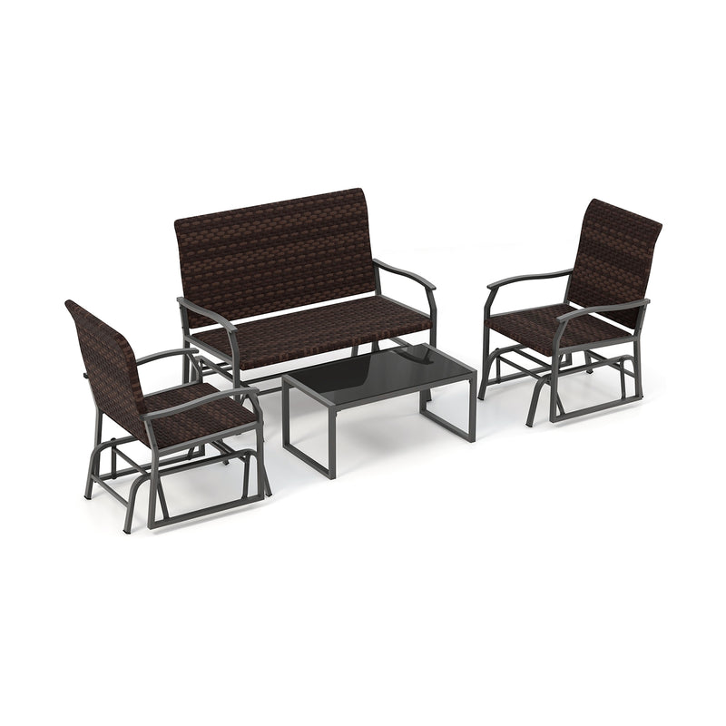 4 Piece Patio Gliding Set Wicker Swing Glider Furniture Set All Weather with Tempered Glass Coffee Table-Brown