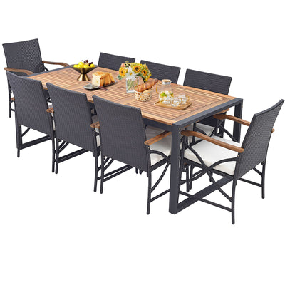 9 Pieces  Patio Rattan Dining Set with Acacia Wood Table for Backyard  Garden-X-side Handrail