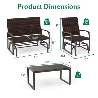 4 Piece Patio Gliding Set Wicker Swing Glider Furniture Set All Weather with Tempered Glass Coffee Table-Brown