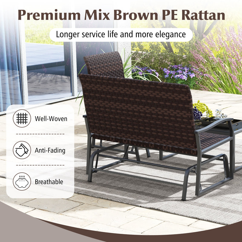 4 Piece Patio Gliding Set Wicker Swing Glider Furniture Set All Weather with Tempered Glass Coffee Table-Brown