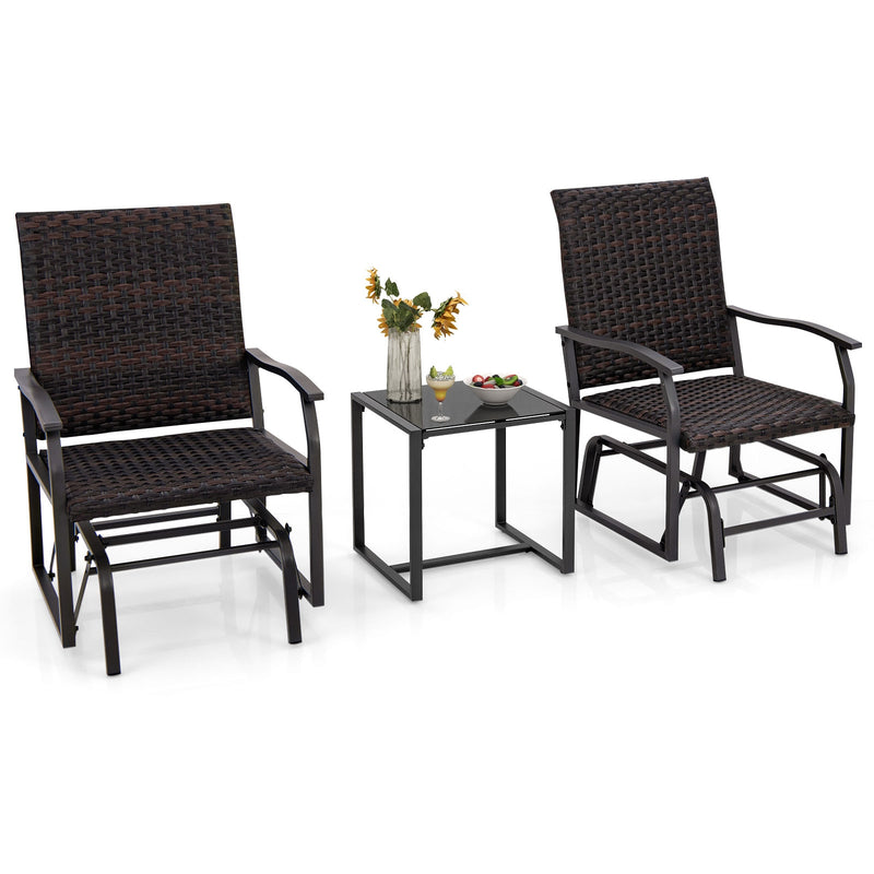 3 Piece Patio Gliding Set with Tempered Glass Coffee Table All Weather-Brown