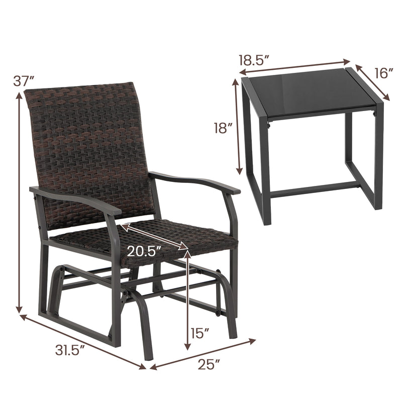 3 Piece Patio Gliding Set with Tempered Glass Coffee Table All Weather-Brown