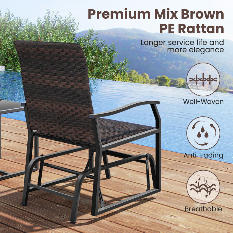 3 Piece Patio Gliding Set with Tempered Glass Coffee Table All Weather-Brown