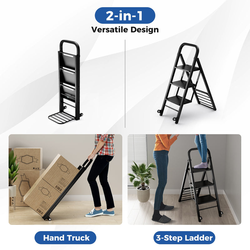 2 in 1 Hand Truck and Ladder Combo with Rubber Wheels  Handle for Warehouse  Garage  Home