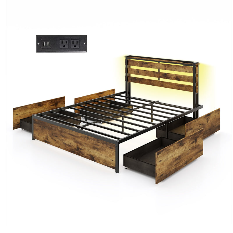 Full/Queen/Twin Size Bed Frame with Drawers LED Lights and USB Ports-Queen Size