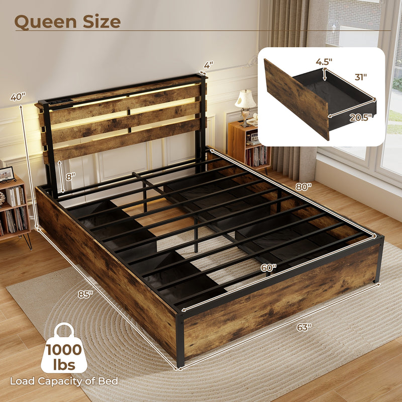 Full/Queen/Twin Size Bed Frame with Drawers LED Lights and USB Ports-Queen Size