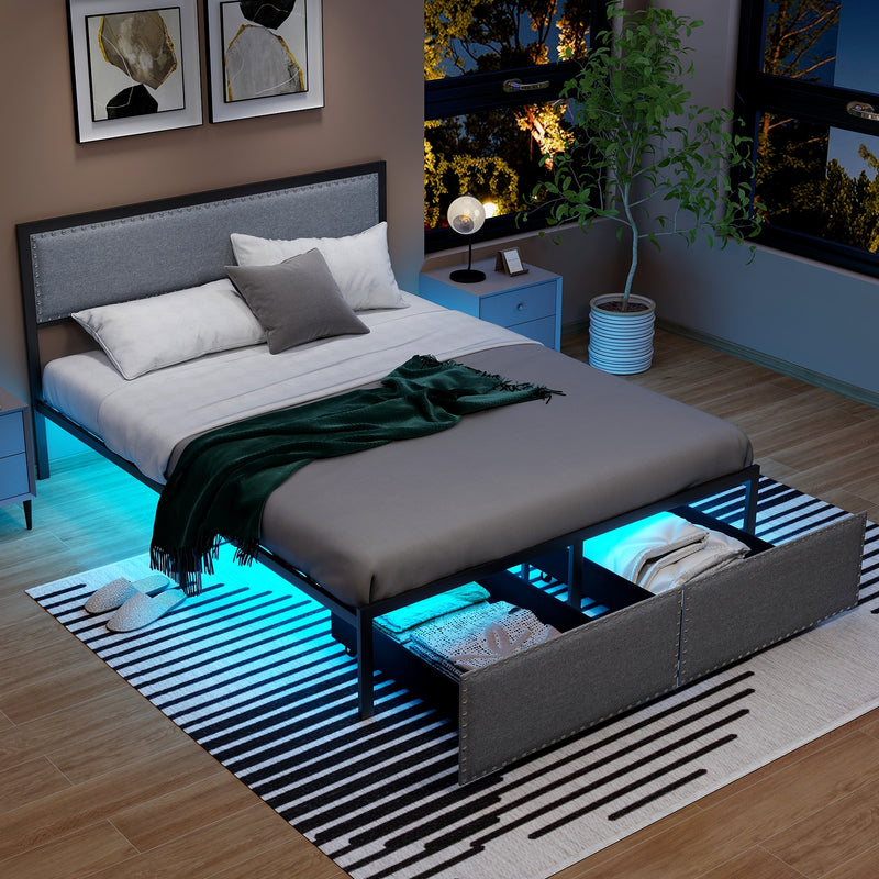 Full/Queen/Twin Size Bed Frame with LED Lights Drawer and Metal Slats-Queen Size