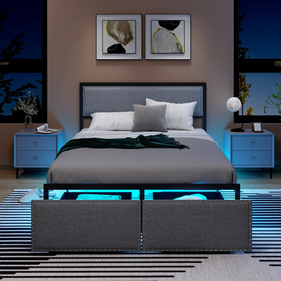 Full/Queen/Twin Size Bed Frame with LED Lights Drawer and Metal Slats-Full Size