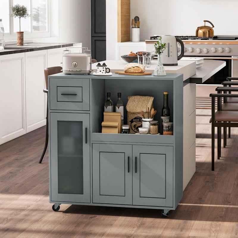 Rolling Kitchen Island with Wheels Drawer and Glass Door Cabinet-Gray