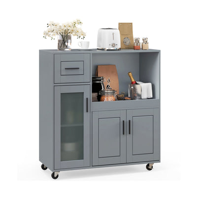 Rolling Kitchen Island with Wheels Drawer and Glass Door Cabinet-Gray