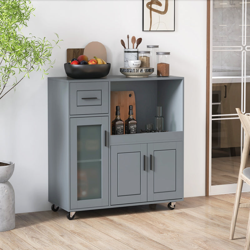 Rolling Kitchen Island with Wheels Drawer and Glass Door Cabinet-Gray