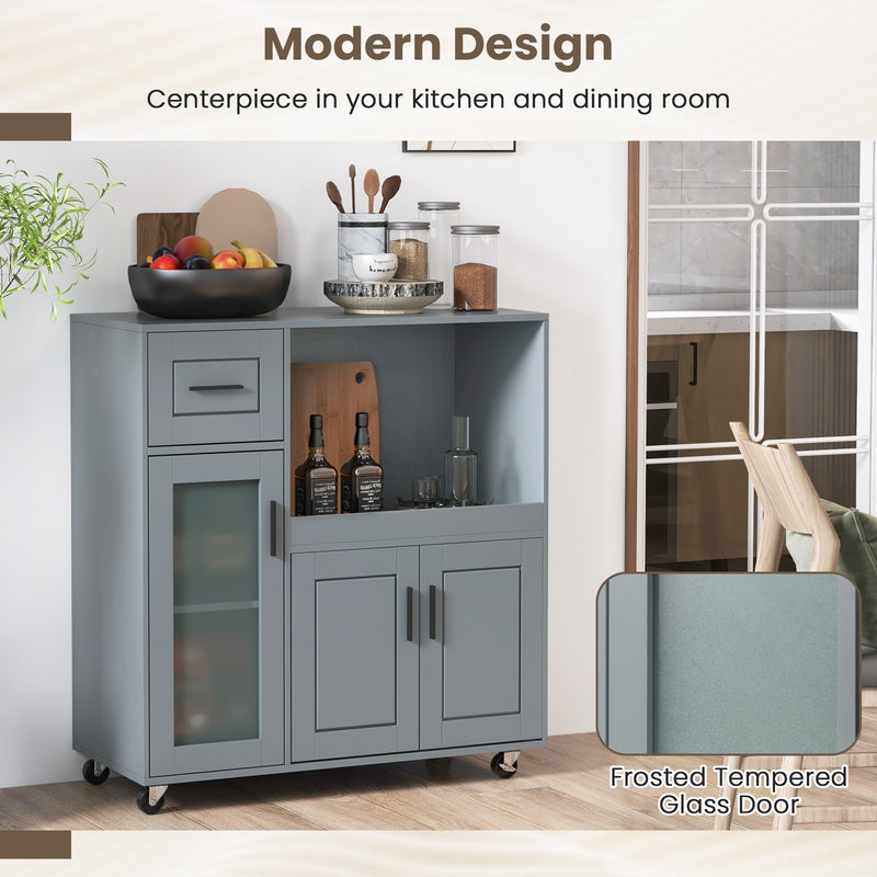 Rolling Kitchen Island with Wheels Drawer and Glass Door Cabinet-Gray