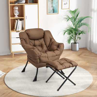 Modern Accent Sofa Chair with Folding Footrest and Side Pocket-Brown