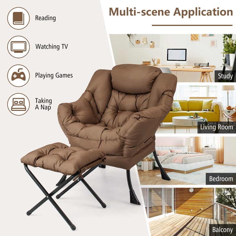 Modern Accent Sofa Chair with Folding Footrest and Side Pocket-Brown