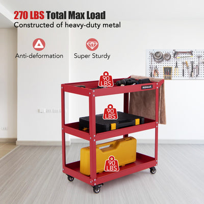 3-Tier Rolling Tool Cart with Spacious Shelves  4 Universal Wheels and 2 Brakes-Red