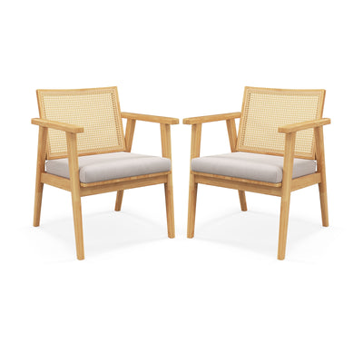 Mid Century Modern Accent Chairs Set of 2 with Breathable Rattan Back-Natural