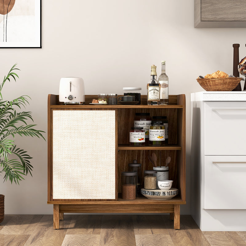 Rattan Buffet Sideboard Mid Century Floor Storage Cabinet with Sliding Door and Adjustable Shelves-Walnut