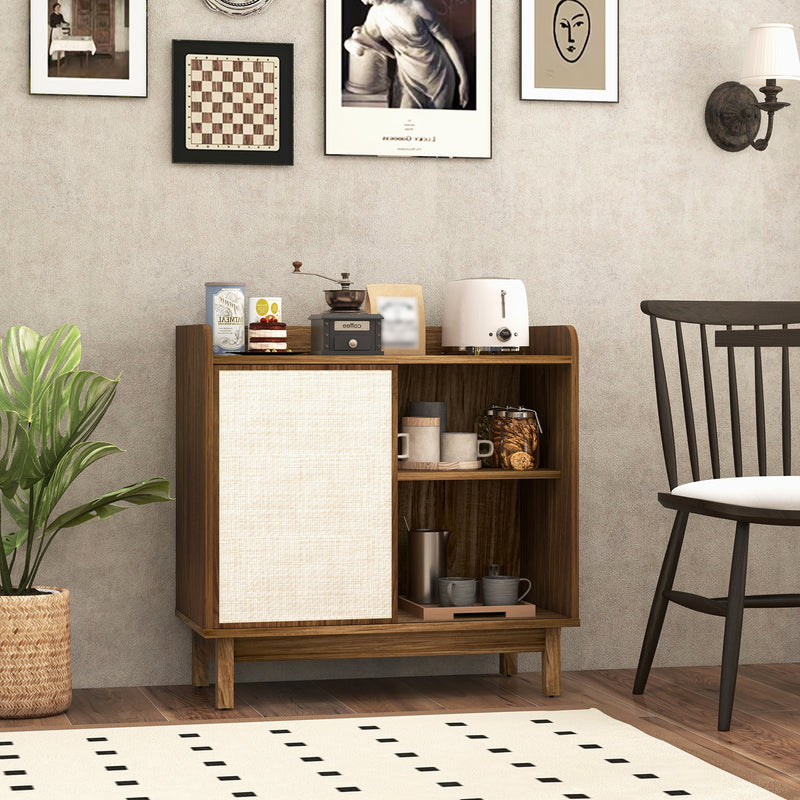 Rattan Buffet Sideboard Mid Century Floor Storage Cabinet with Sliding Door and Adjustable Shelves-Walnut