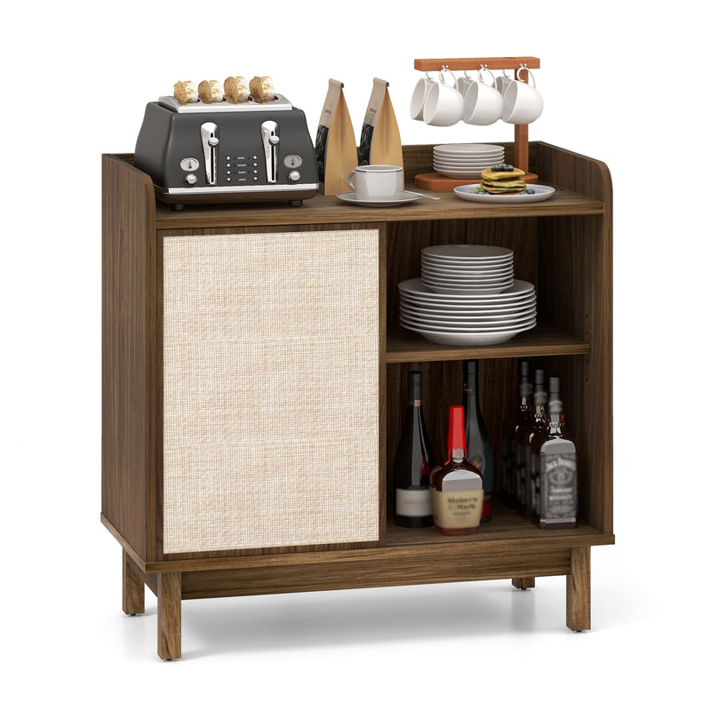 Rattan Buffet Sideboard Mid Century Floor Storage Cabinet with Sliding Door and Adjustable Shelves-Walnut