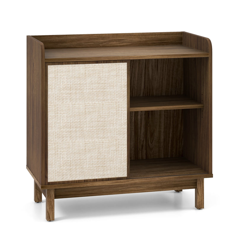 Rattan Buffet Sideboard Mid Century Floor Storage Cabinet with Sliding Door and Adjustable Shelves-Walnut