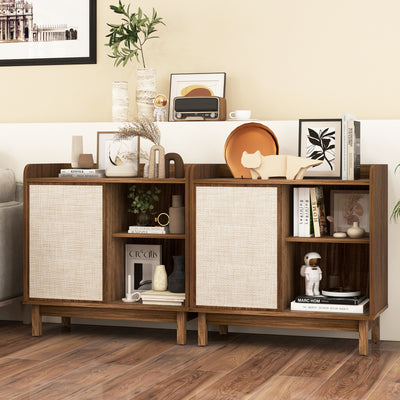 Rattan Buffet Sideboard Mid Century Floor Storage Cabinet with Sliding Door and Adjustable Shelves-Walnut