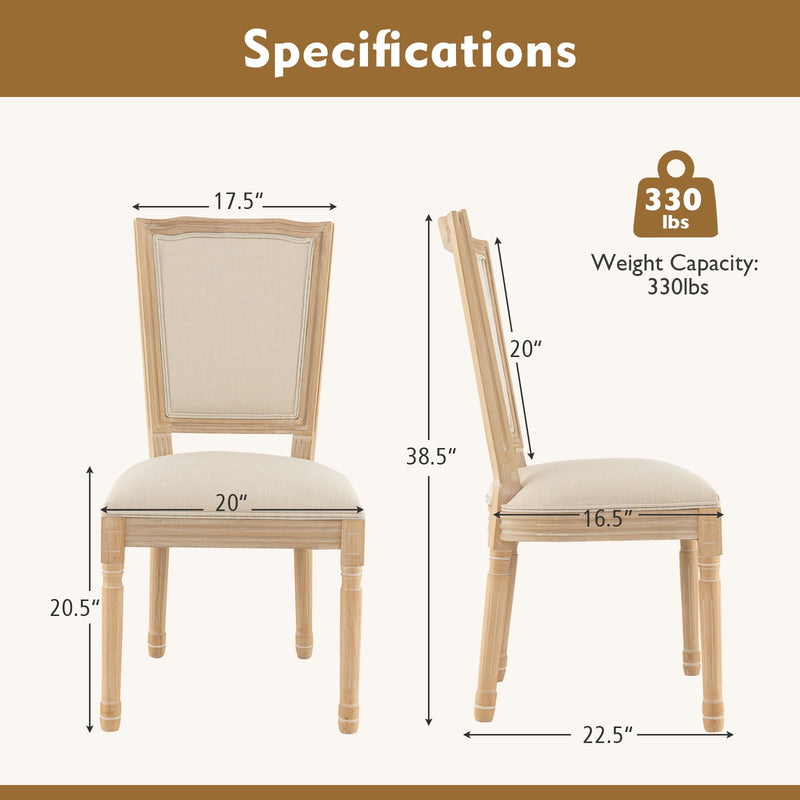 French Dining Chair Set of 2 with Rectangular Backrest and Solid Rubber Wood Frame-Beige