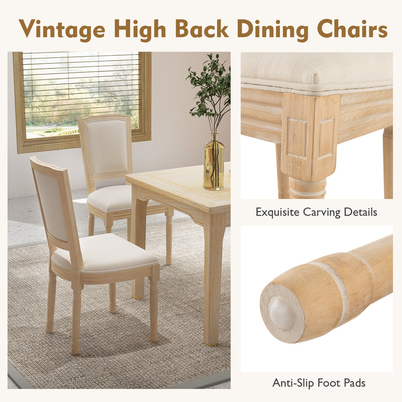 French Dining Chair Set of 2 with Rectangular Backrest and Solid Rubber Wood Frame-Beige