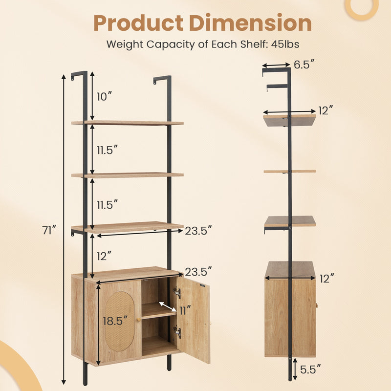 71 Inch 6-Tier Wall Mounted Ladder Bookshelf with Rattan Cabinet-Natural