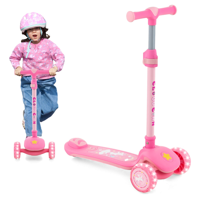 Folding Kids Scooter with Extra Wide Deck and LED Lighted PU Wheels-Pink