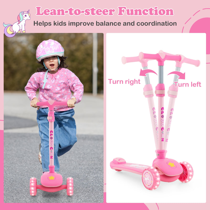 Folding Kids Scooter with Extra Wide Deck and LED Lighted PU Wheels-Pink