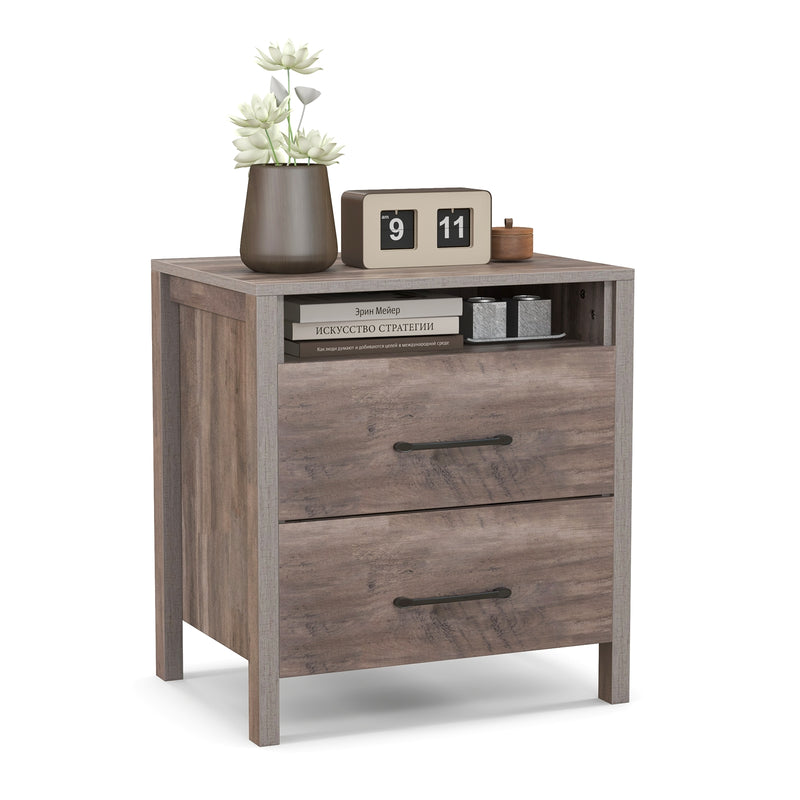 Nightstand with 2 Drawers Farmhouse Bed Side Table with Open Storage Shelf-Grey