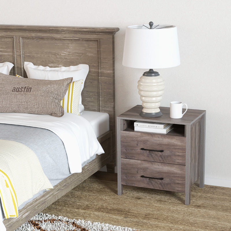 Nightstand with 2 Drawers Farmhouse Bed Side Table with Open Storage Shelf-Grey