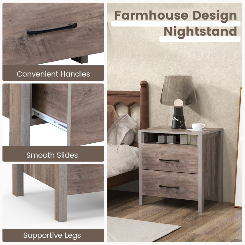 Nightstand with 2 Drawers Farmhouse Bed Side Table with Open Storage Shelf-Grey