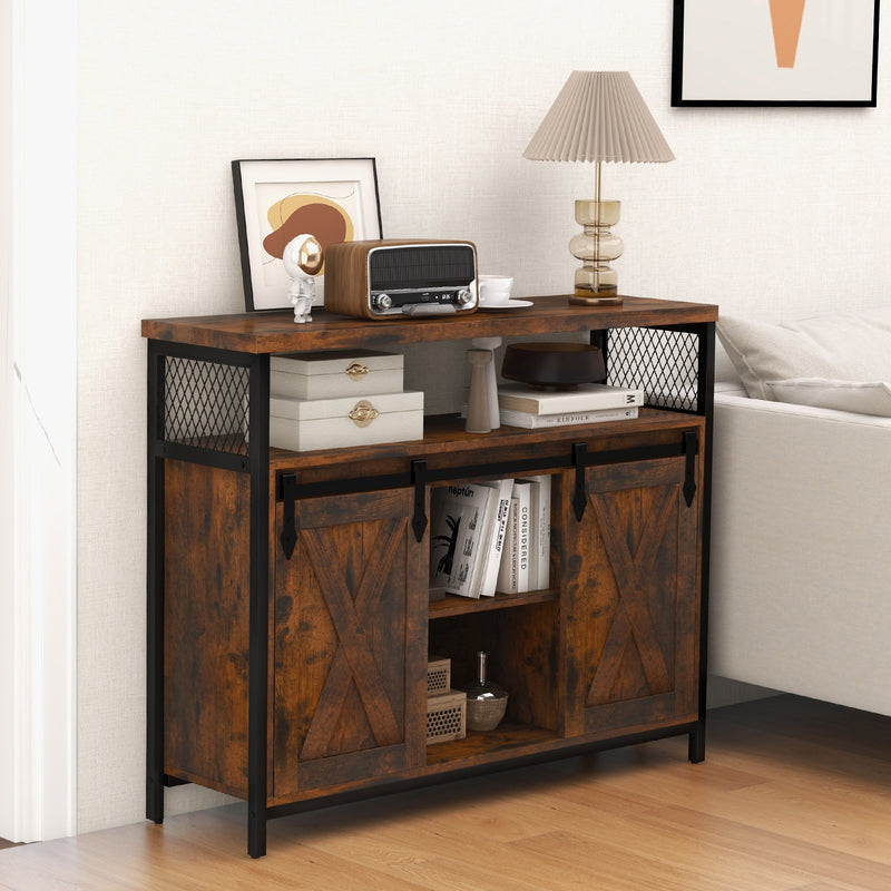 Buffet Cabinet with 3-Level Adjustable Shelves and 2 Sliding Barn Doors-Rustic Brown