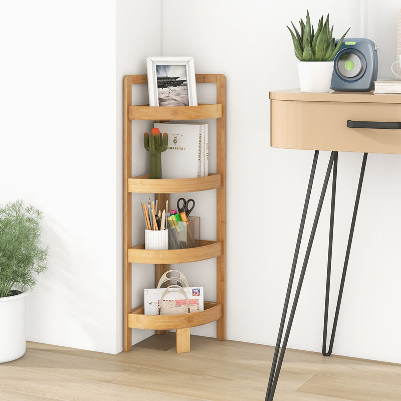 4 Tier Bamboo Corner Shelf Corner Freestanding Storage Organizer Shelving Unit for Bathroom-Natural