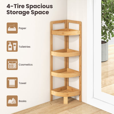 4 Tier Bamboo Corner Shelf Corner Freestanding Storage Organizer Shelving Unit for Bathroom-Natural