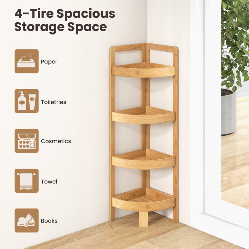 4 Tier Bamboo Corner Shelf Corner Freestanding Storage Organizer Shelving Unit for Bathroom-Natural