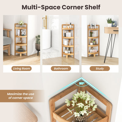 4 Tier Bamboo Corner Shelf Corner Freestanding Storage Organizer Shelving Unit for Bathroom-Natural