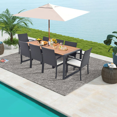 9 Pieces  Patio Rattan Dining Set with Acacia Wood Table for Backyard  Garden-L-shaped Handrail