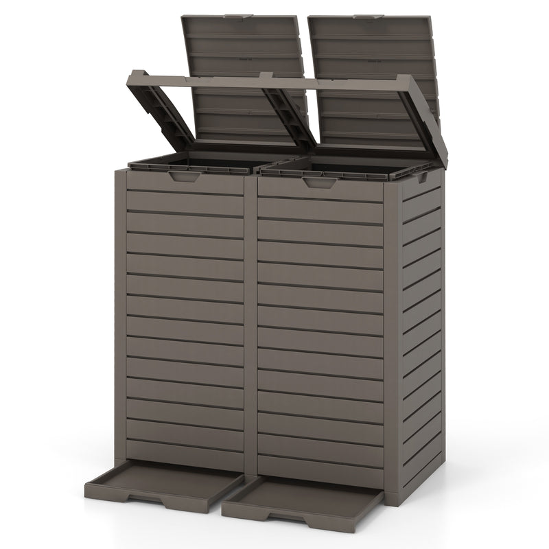 62 Gallon Outdoor Trash Can Waterproof Double Bin with Tiered Lid and Drip Tray-Coffee