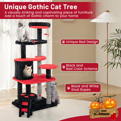 Gothic Cat Tree with Cat Bed Cat Condo and Sisal Scratching Post-Black & Red