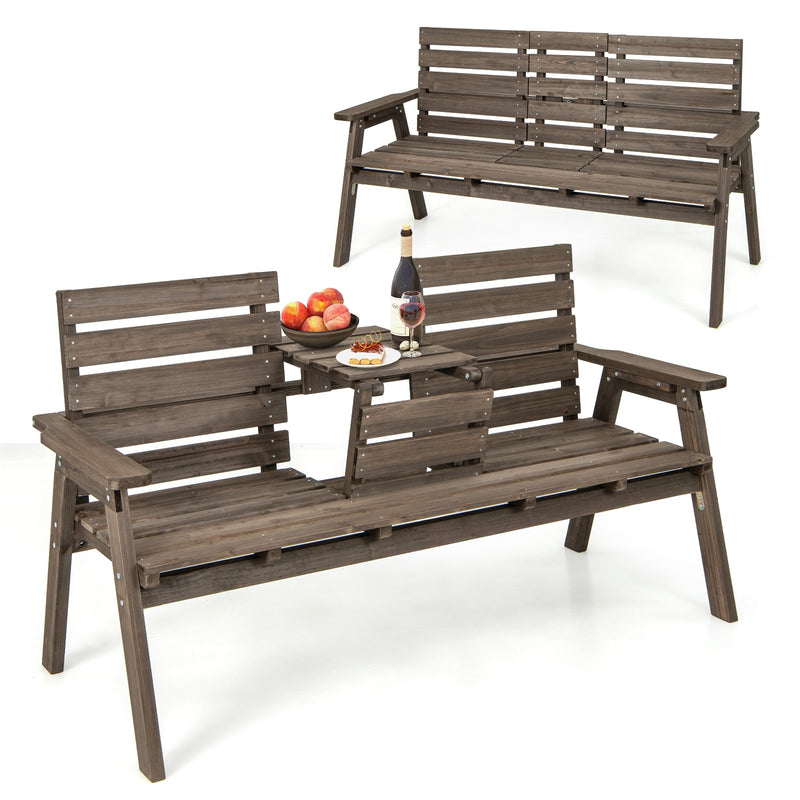 Outdoor Fir Wood Bench with Foldable Middle Table-Gray