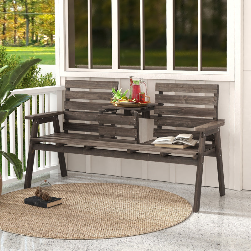 Outdoor Fir Wood Bench with Foldable Middle Table-Gray