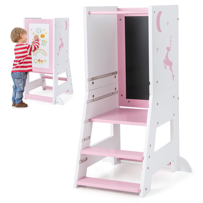 Toddler Kitchen Stool Helper Baby Standing Tower with Chalkboard and Whiteboard-Pink