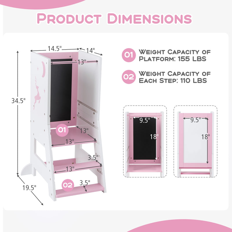 Toddler Kitchen Stool Helper Baby Standing Tower with Chalkboard and Whiteboard-Pink