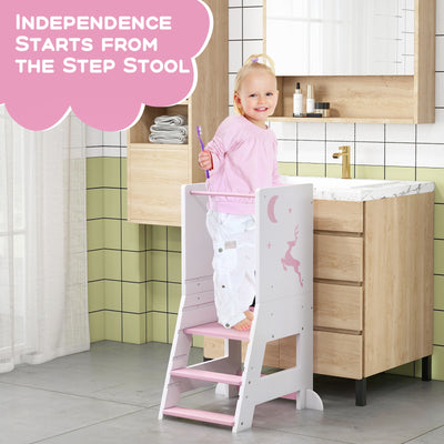 Toddler Kitchen Stool Helper Baby Standing Tower with Chalkboard and Whiteboard-Pink